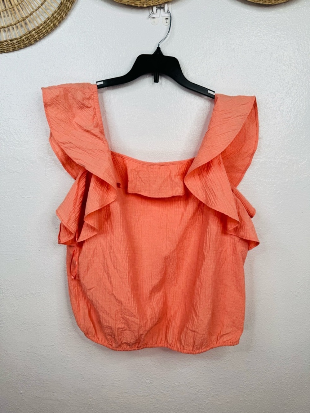 I.N.C. Blouse Womens Size L Orange Textured Ruffle Sleeve Square Neck Top
